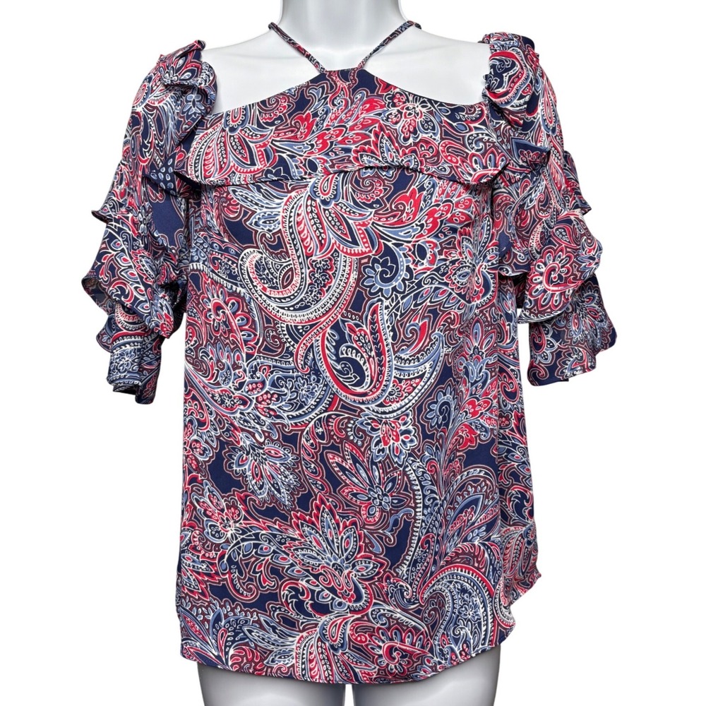 PARKER Womens Blue Red‎ Paisley Cold Shoulder Ruffle Halter Blouse Sz S Romantic